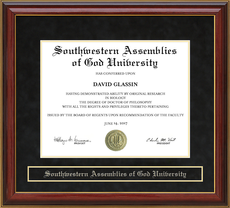 Southwestern Assemblies of God University (SAGU) Mahogany Diploma Frame