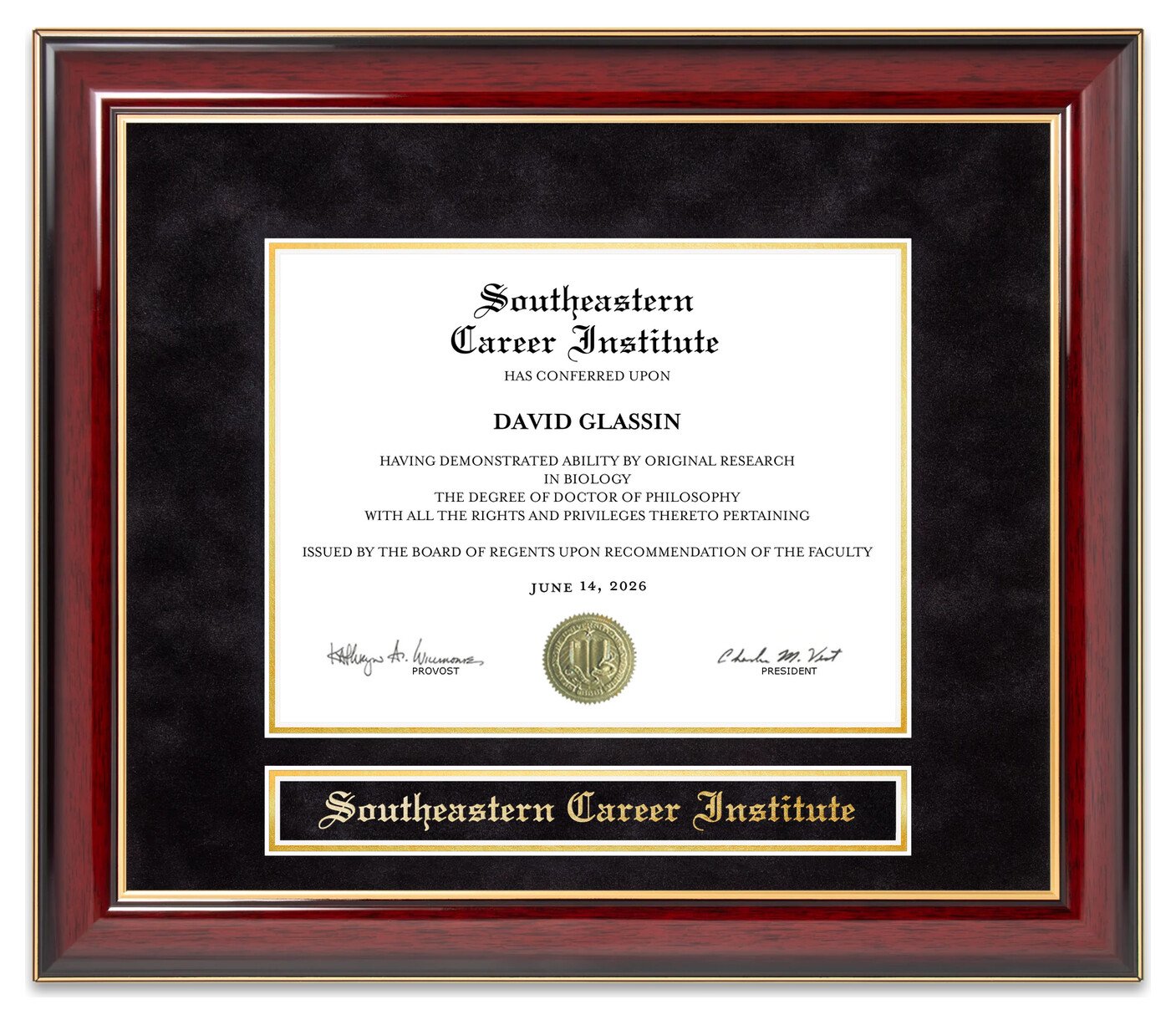 Southeastern Career Institute (SCI) Mahogany Diploma Frame - handcrafted diploma frame by Wordyisms