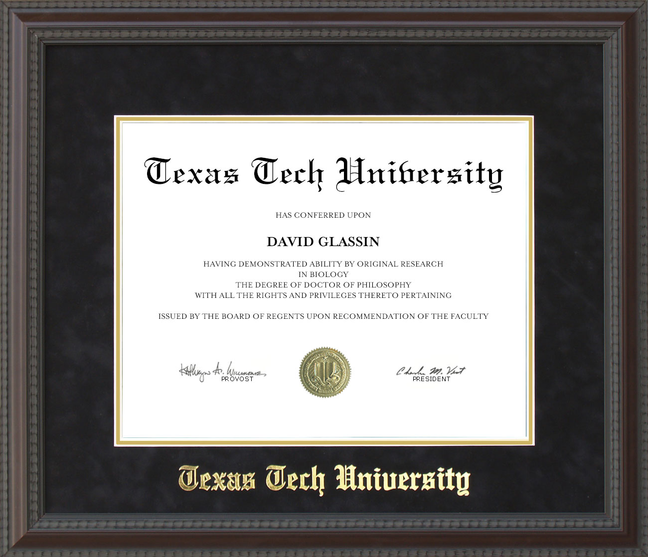 Texas Tech Diploma Frame with Embossed UltraSuede Matting