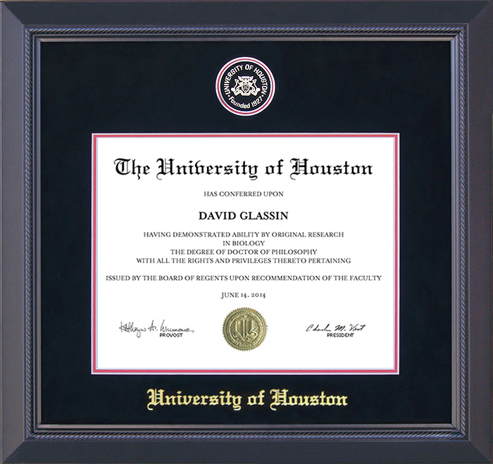 University of Houston (UH) Diploma Frame with Embossed School Seal by
