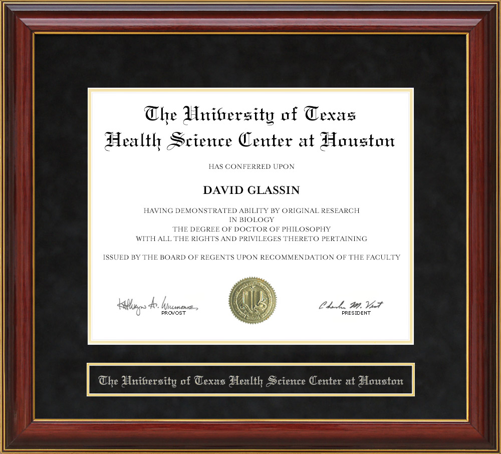 University of Texas Health Science Center at Houston (UTHSC-H) Mahogany Diploma Frame