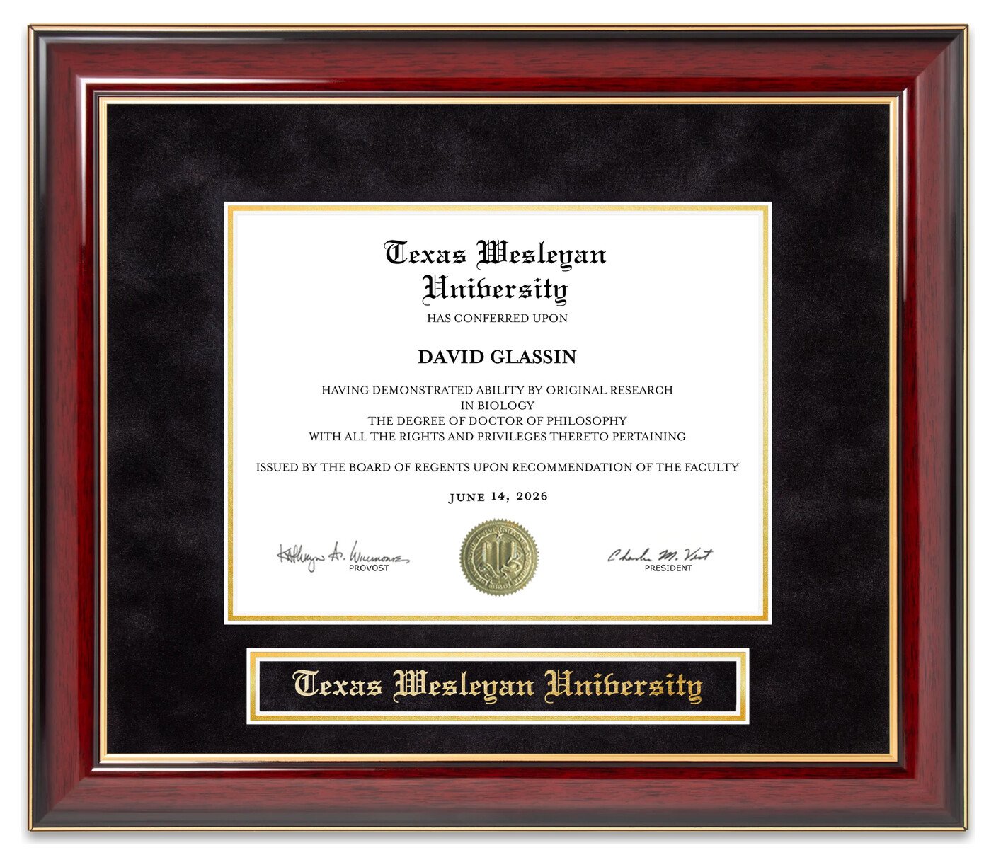 Texas Wesleyan University Mahogany Diploma Frame - handcrafted diploma frame by Wordyisms