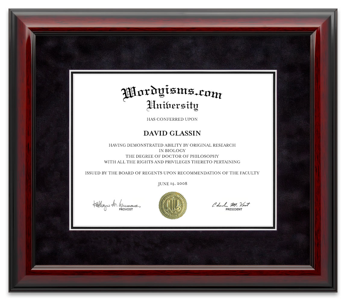 Custom Gloss Mahogany Diploma Frame | Handcrafted Solid Hardwood With Black Suede Mat | Made in the - handcrafted diploma frame by Wordyisms